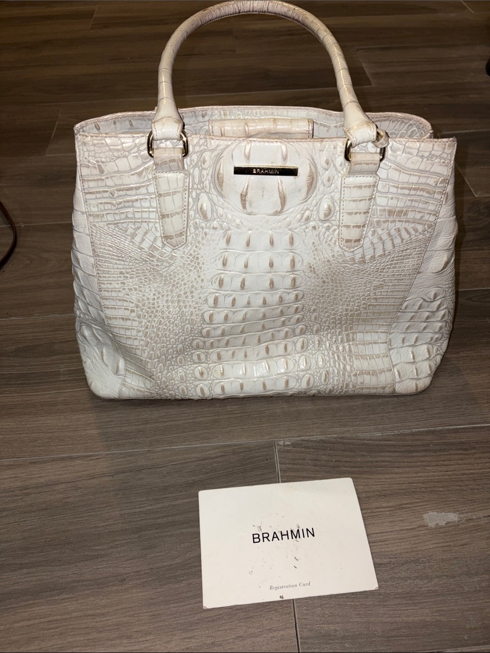 Brahmin Cream Croc-Embossed Leather Satchel